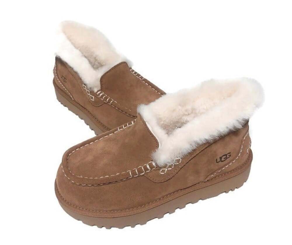 UGG Ansley Parc Womens 11 Chestnut Suede Platform Moccasin Slippers Wool Lined - Picture 4 of 8